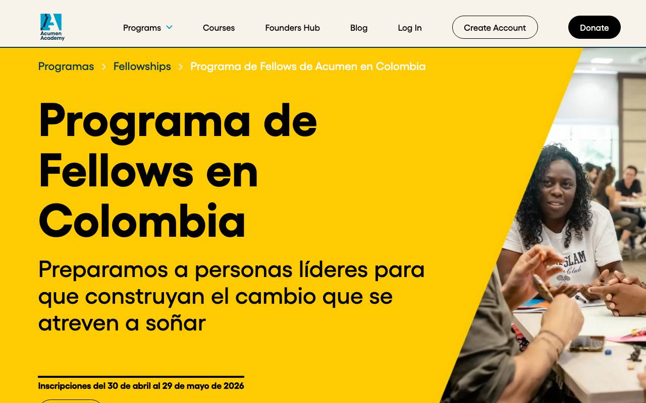 Captura de la página oficial de Acumen Fellows Colombia · próxima cohorte en fellowship.acumenacademy.org