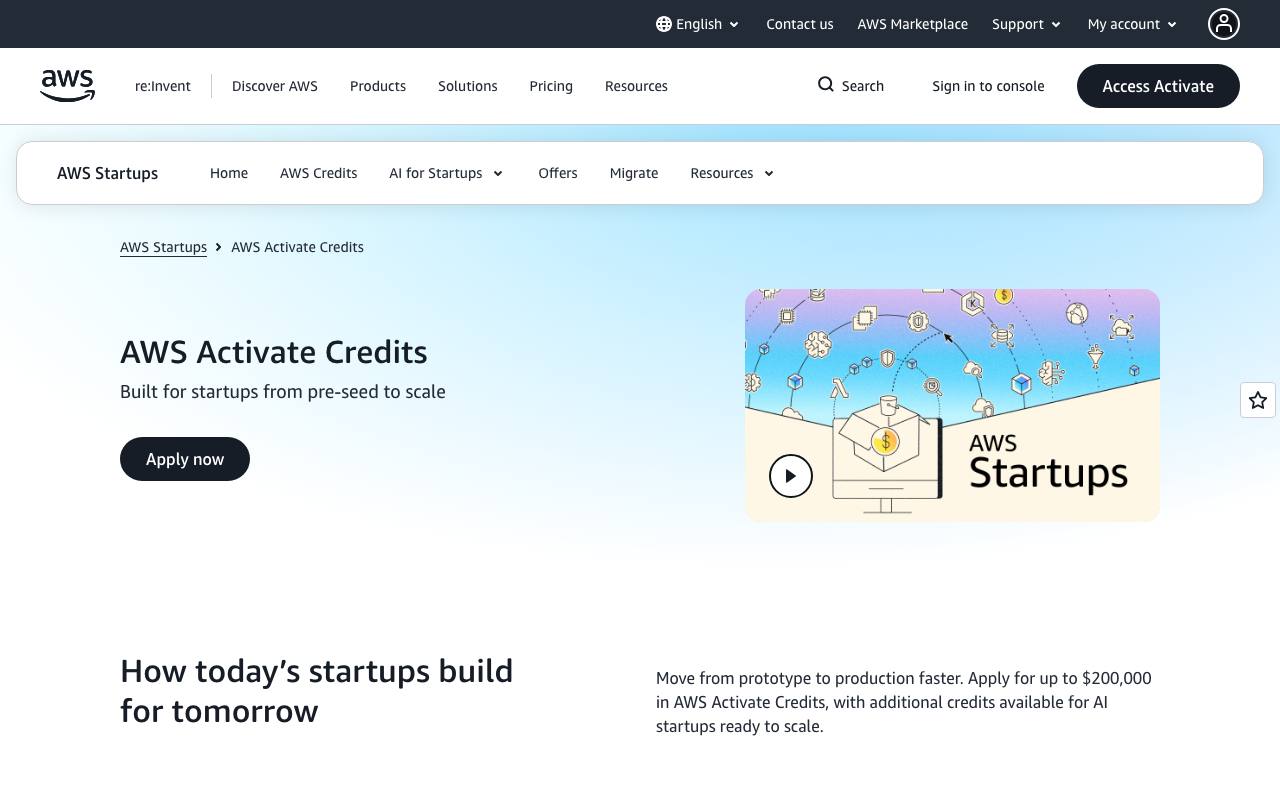 Captura de la página oficial de AWS Activate · créditos para startups en aws.amazon.com