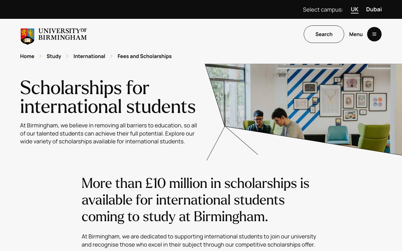 Captura de la página oficial de Beca Postgraduate High Fliers · University of Birmingham (enero 2027) en birmingham.ac.uk