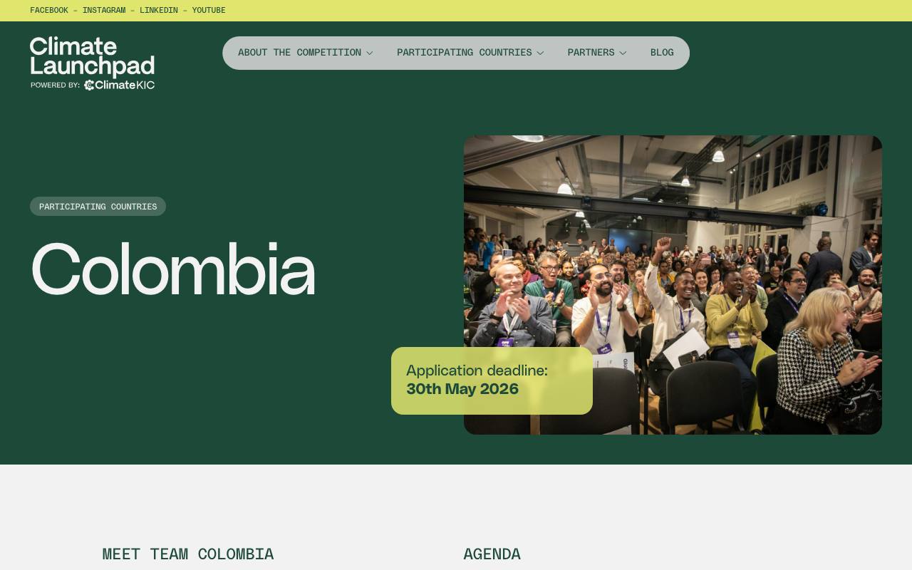 Captura de la página oficial de ClimateLaunchpad Colombia · ciclo 2027 en climatelaunchpad.org