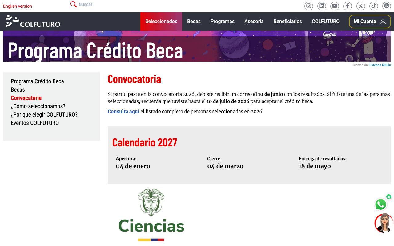 Captura de la página oficial de COLFUTURO · Crédito-Beca 2027 en colfuturo.org