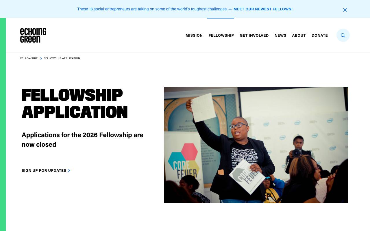 Captura de la página oficial de Echoing Green Fellowship · próximo ciclo en echoinggreen.org
