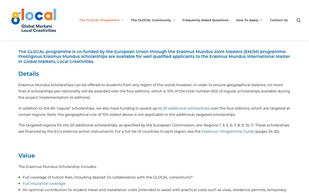 Captura de la página oficial de Beca Erasmus Mundus GLOCAL 2027 (Mercados globales, creatividades locales) en globallocal-erasmusmundus.eu