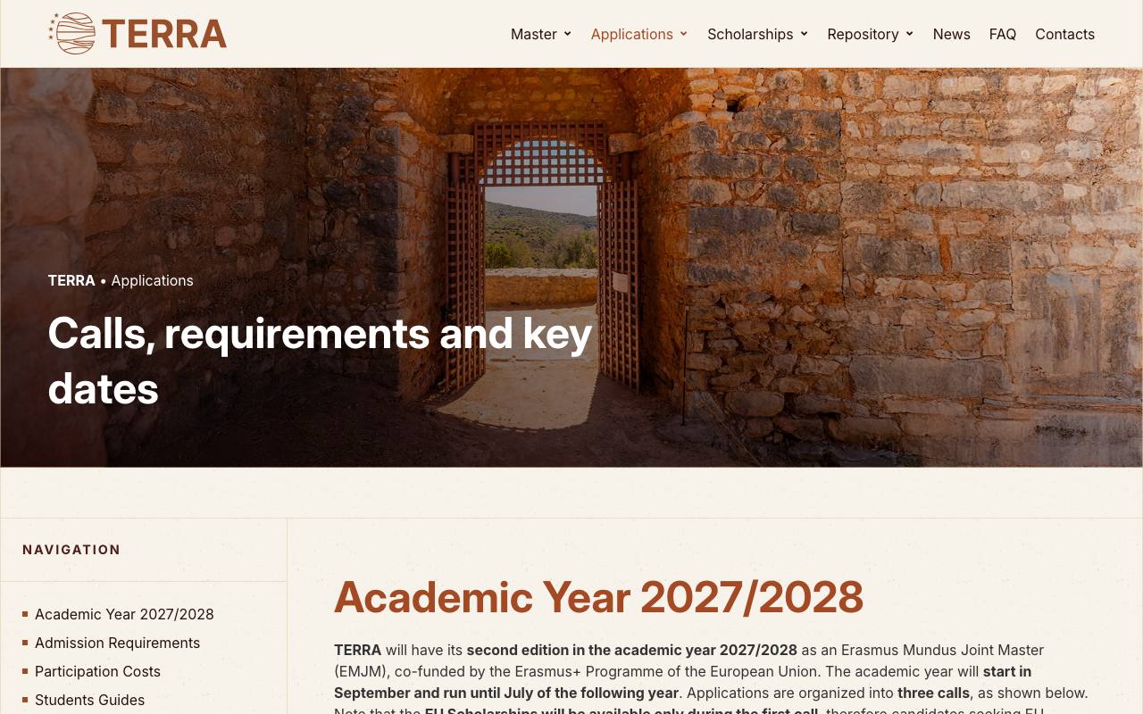 Captura de la página oficial de Beca Erasmus Mundus TERRA 2027 (ingeniería y arquitectura en tierra) en msc-terra.org
