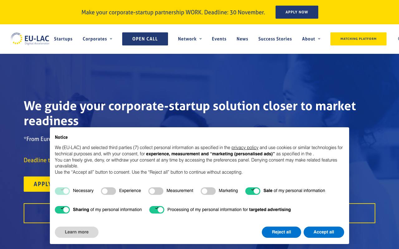 Captura de la página oficial de EU-LAC Digital Accelerator · convocatoria 6 en eulacdigitalaccelerator.com