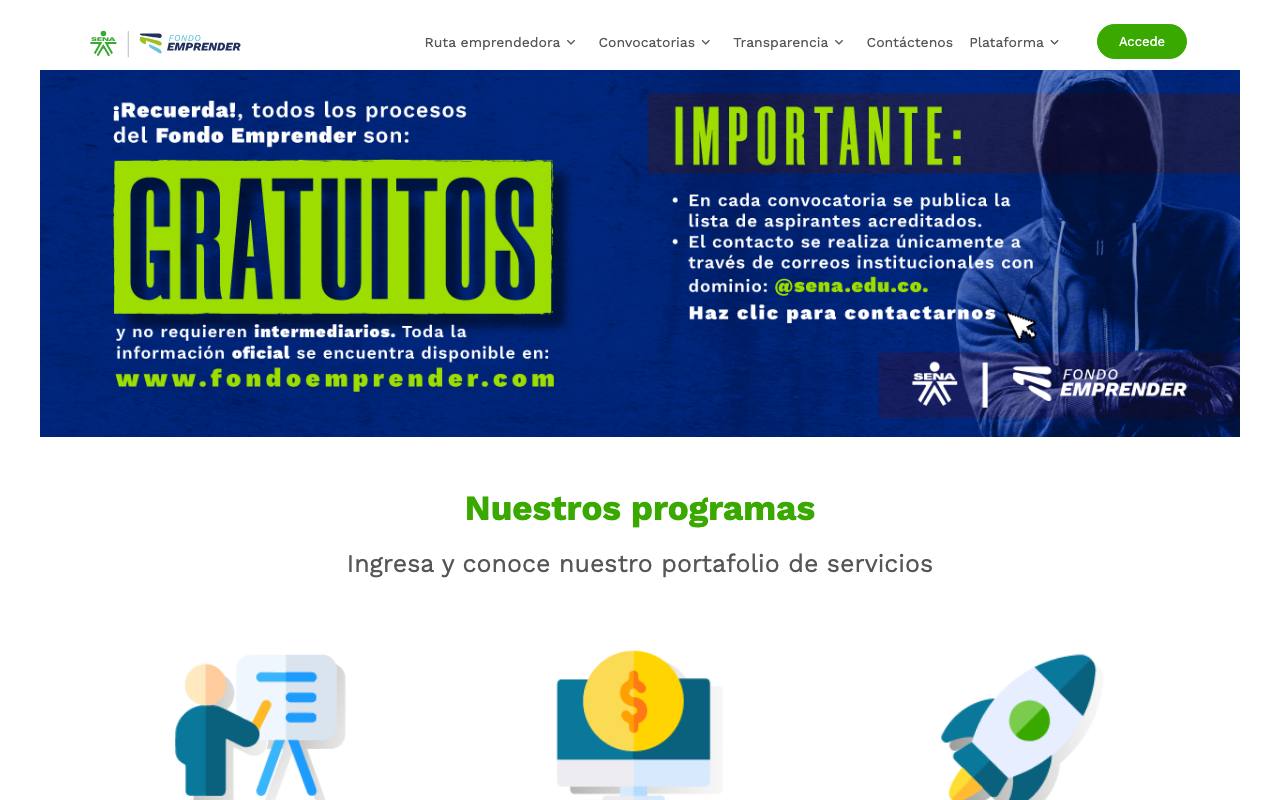 Captura de la página oficial de Fondo Emprender (SENA) · convocatorias 2027 en fondoemprender.com