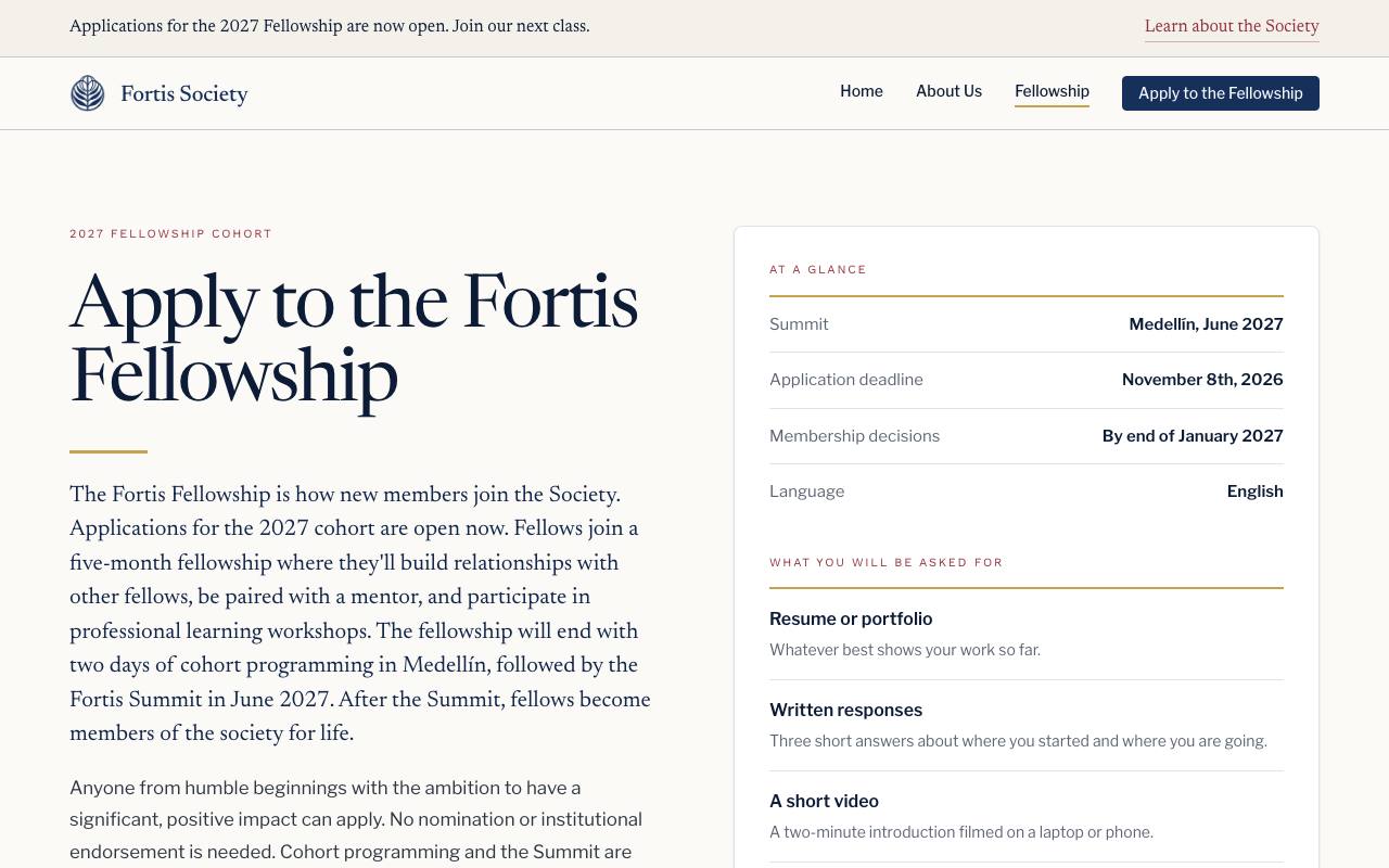 Captura de la página oficial de Fortis Society Fellowship 2027 en fortissociety.org