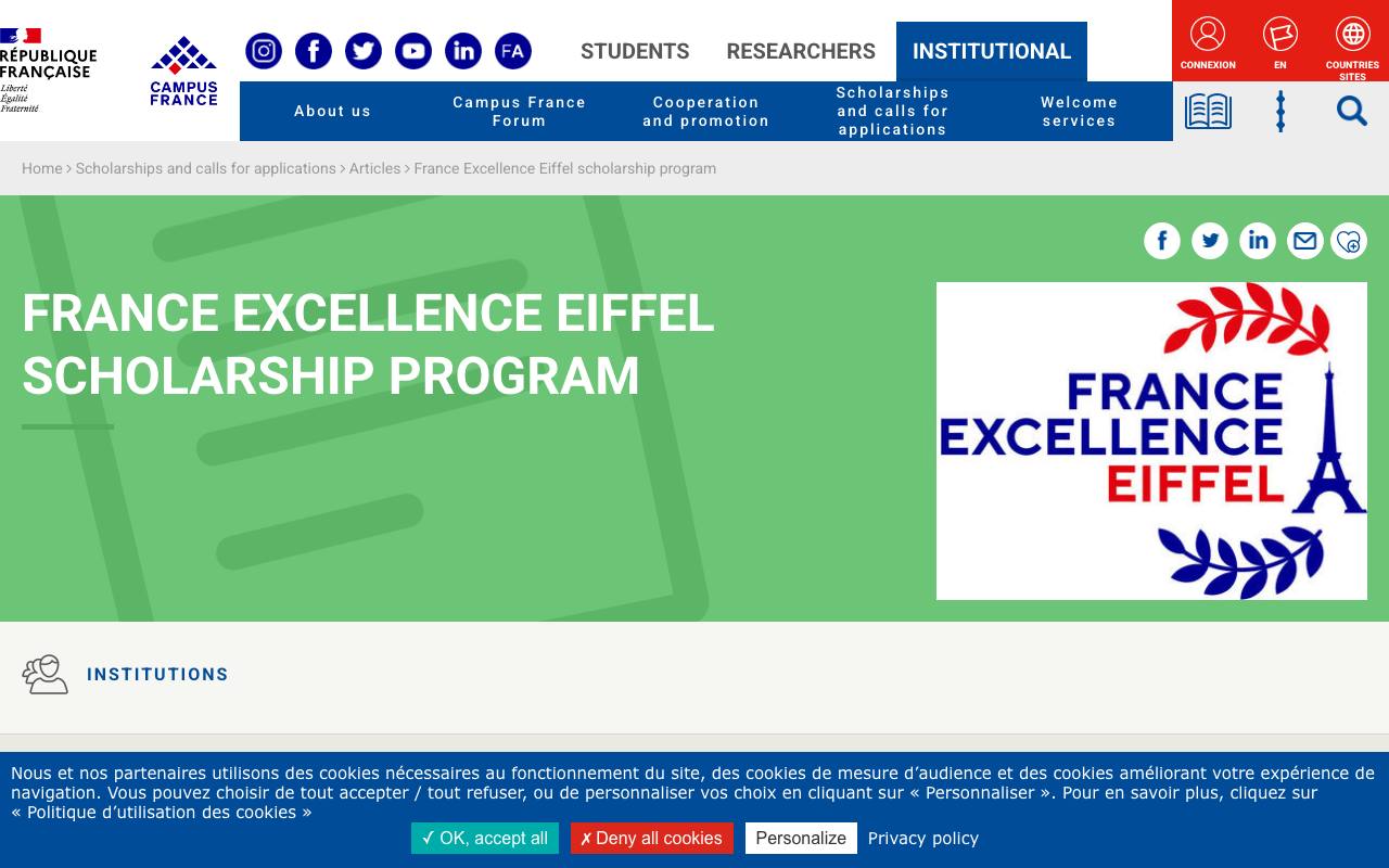 Captura de la página oficial de Beca de Excelencia Eiffel 2027 (Francia) en campusfrance.org