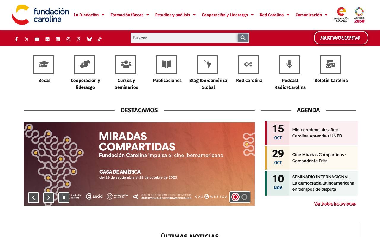 Captura de la página oficial de Becas Fundación Carolina 2027-2028 en fundacioncarolina.es