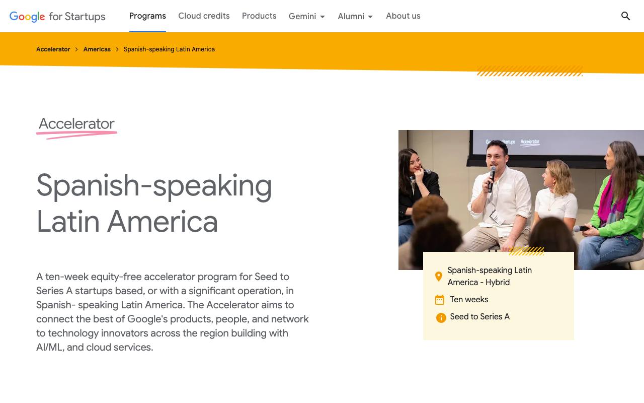 Captura de la página oficial de Google for Startups Accelerator · América Latina hispanohablante en startup.google.com