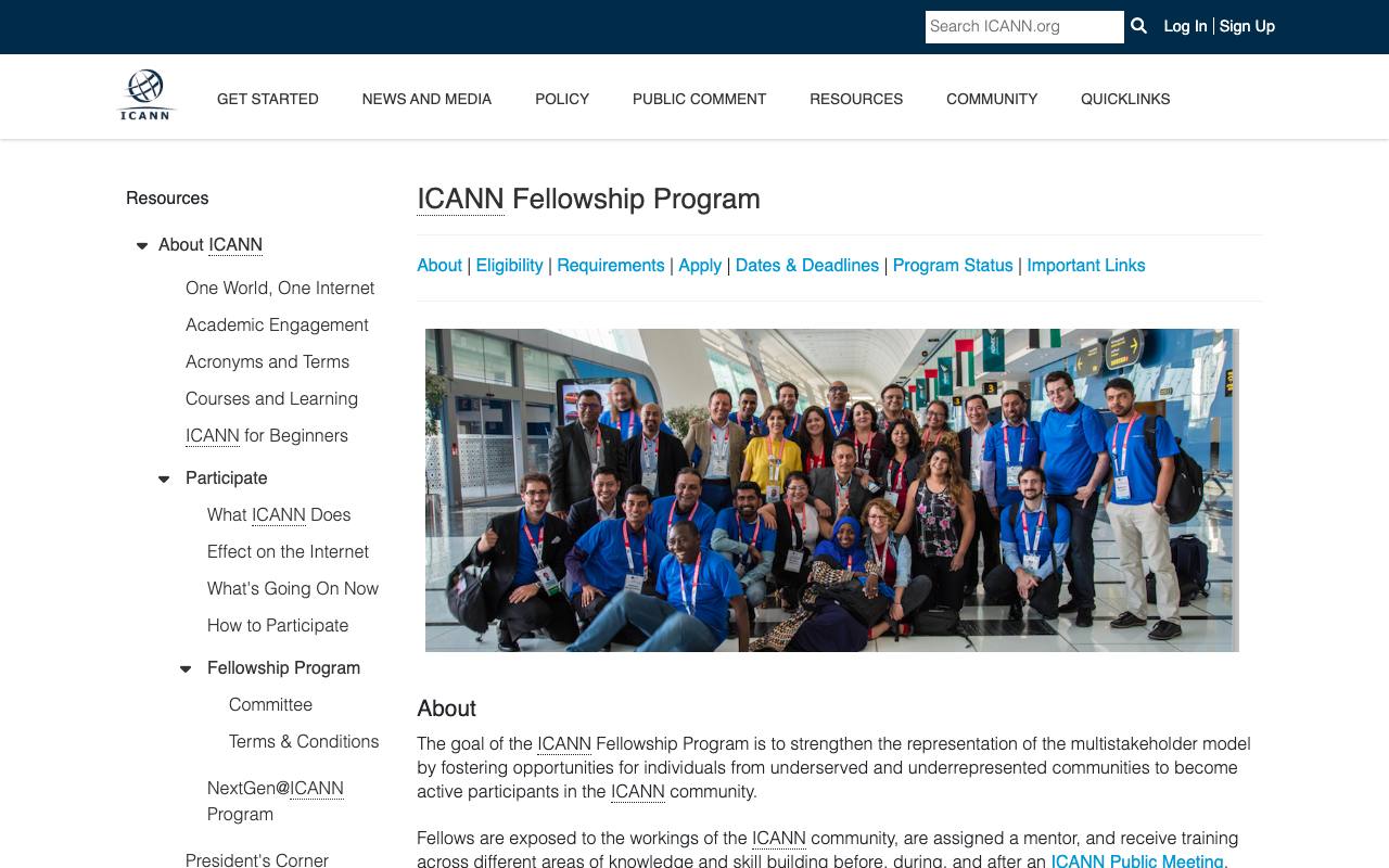 Captura de la página oficial de ICANN Fellowship Program · próxima ronda abierta a nuevos fellows en icann.org