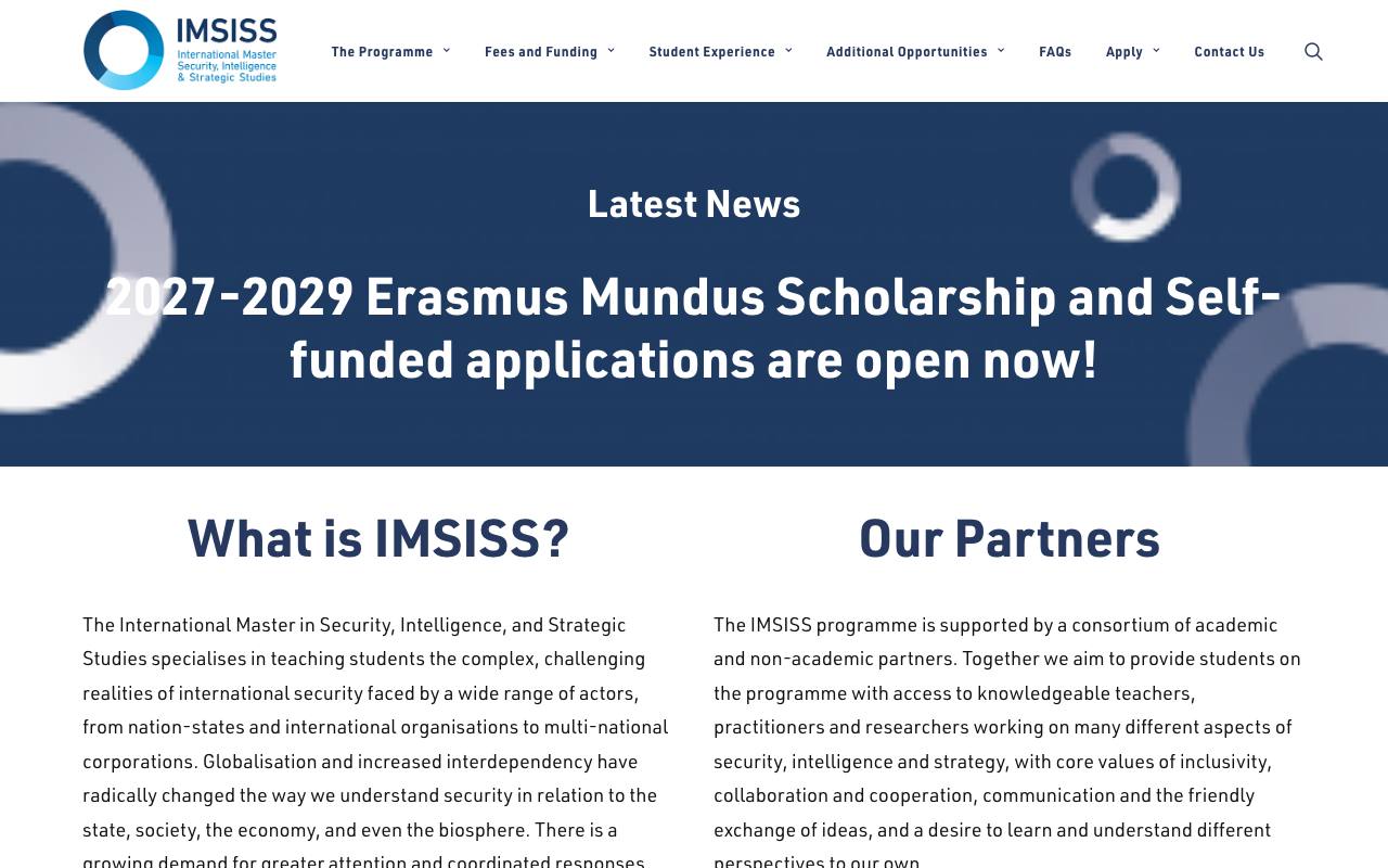 Captura de la página oficial de IMSISS · Máster Erasmus Mundus en Seguridad, Inteligencia y Estudios Estratégicos en securityintelligence-erasmusmundus.eu