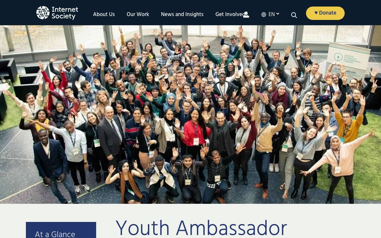 Captura de la página oficial de Internet Society Youth Ambassadors (próxima edición) en internetsociety.org