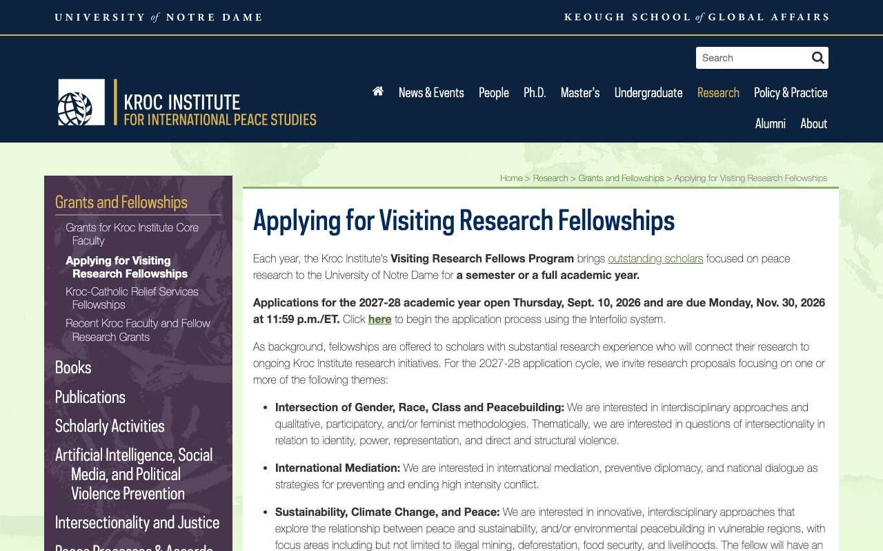 Captura de la página oficial de Fellowship de investigación visitante · Instituto Kroc 2027-28 en kroc.nd.edu