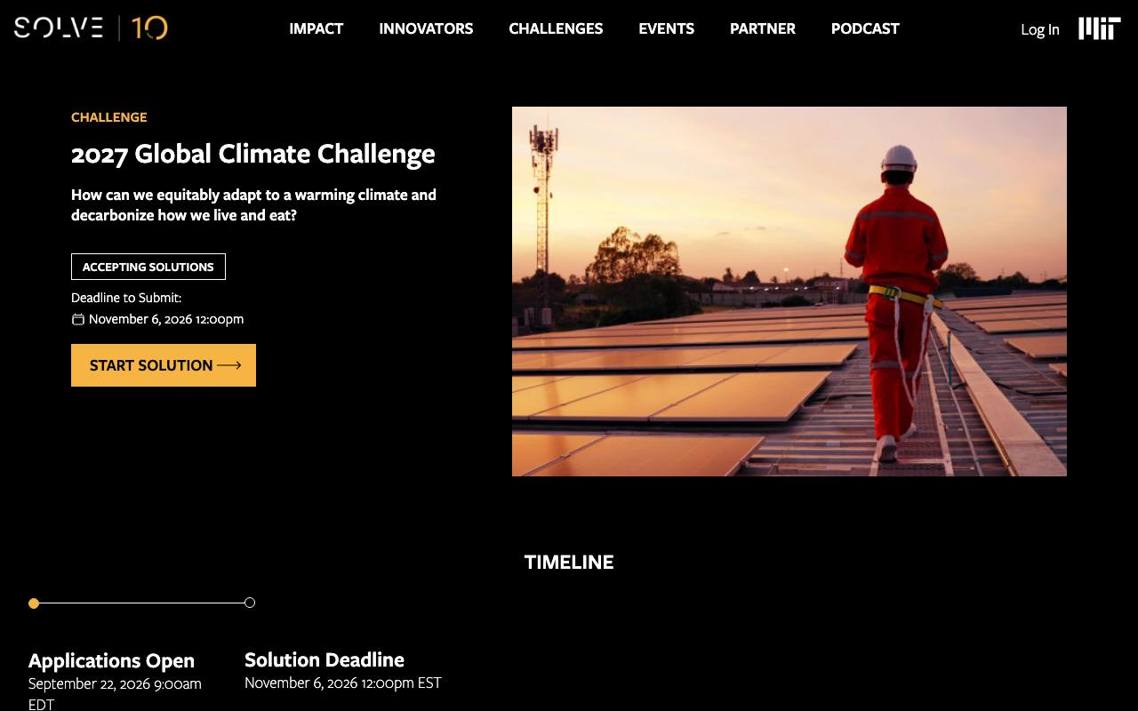 Captura de la página oficial de MIT Solve 2027 · Desafío Global del Clima en solve.mit.edu