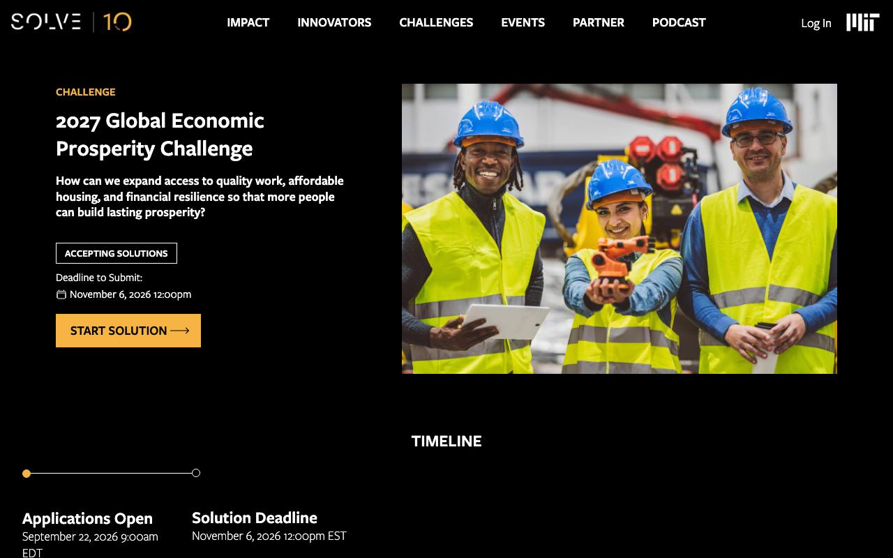 Captura de la página oficial de MIT Solve 2027 · Desafío Global de Prosperidad Económica en solve.mit.edu
