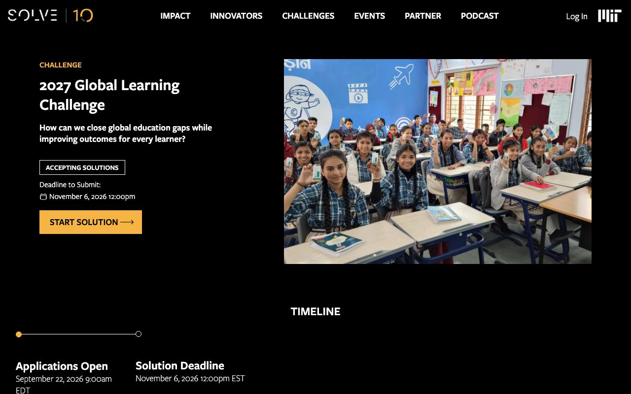 Captura de la página oficial de MIT Solve 2027 · Desafío Global del Aprendizaje en solve.mit.edu