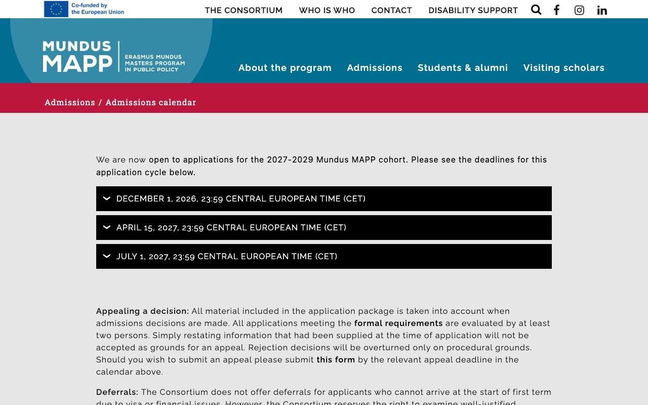 Captura de la página oficial de Mundus MAPP · Máster Erasmus Mundus en Políticas Públicas 2027-2029 en mundusmapp.org