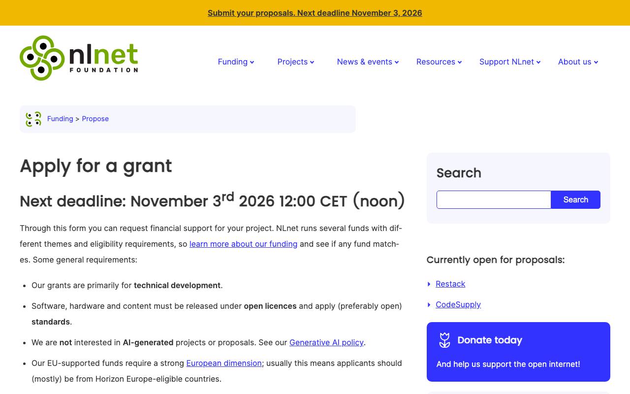 Captura de la página oficial de NLnet · convocatoria del 3 de noviembre de 2026 en nlnet.nl