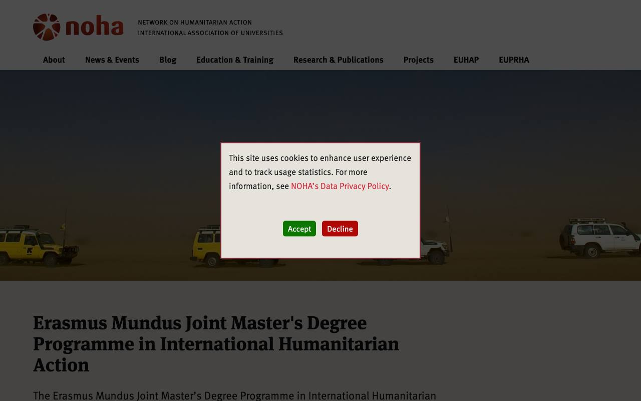 Captura de la página oficial de Beca Erasmus Mundus NOHA 2027-2029 (acción humanitaria) en nohanet.org
