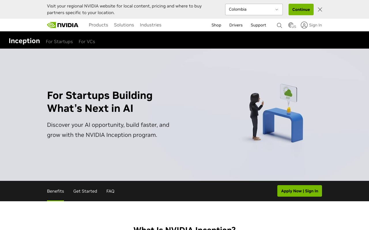 Captura de la página oficial de NVIDIA Inception · programa para startups en nvidia.com