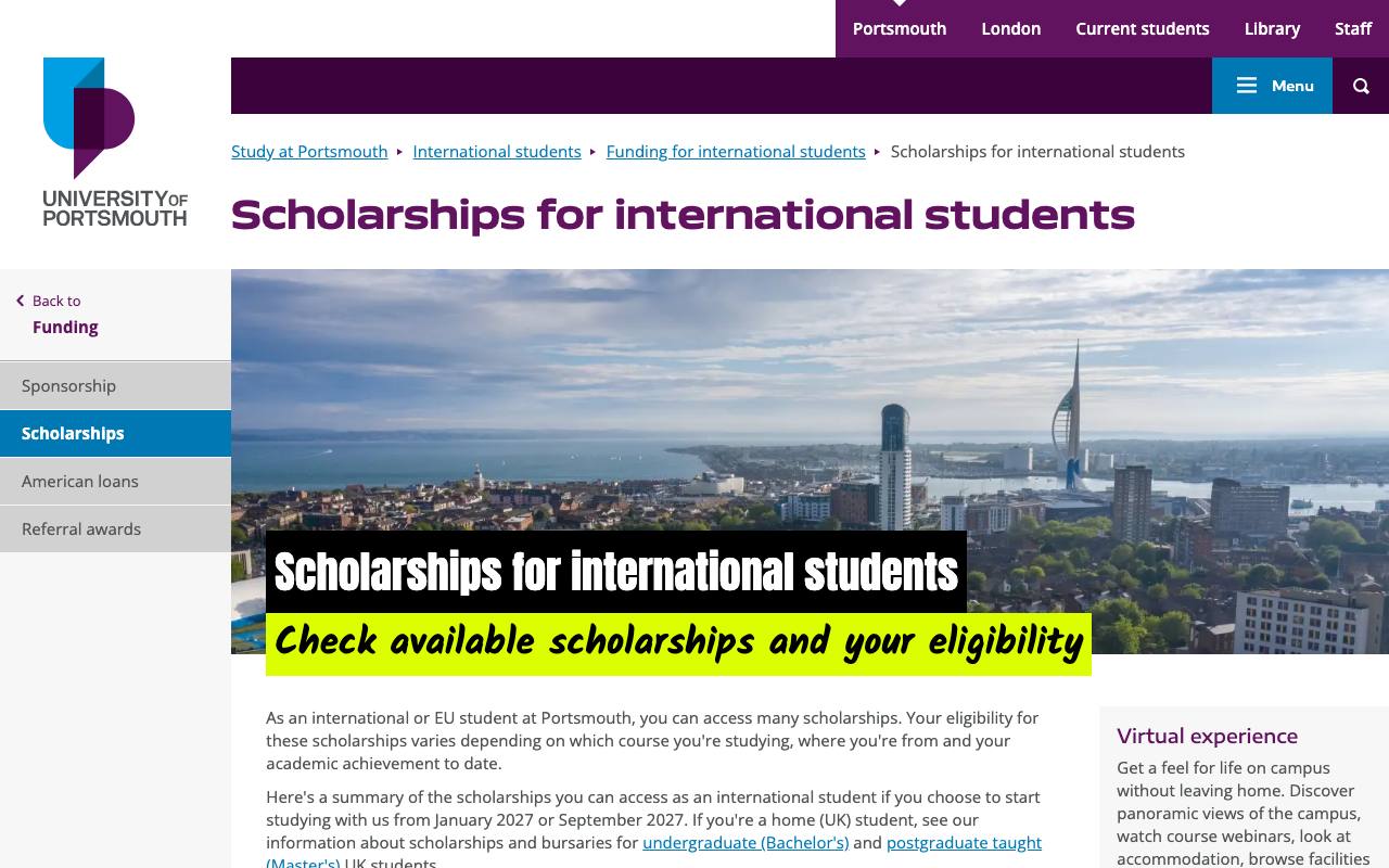 Captura de la página oficial de Beca Chancellor's Global Academic Merit · University of Portsmouth (enero 2027) en port.ac.uk