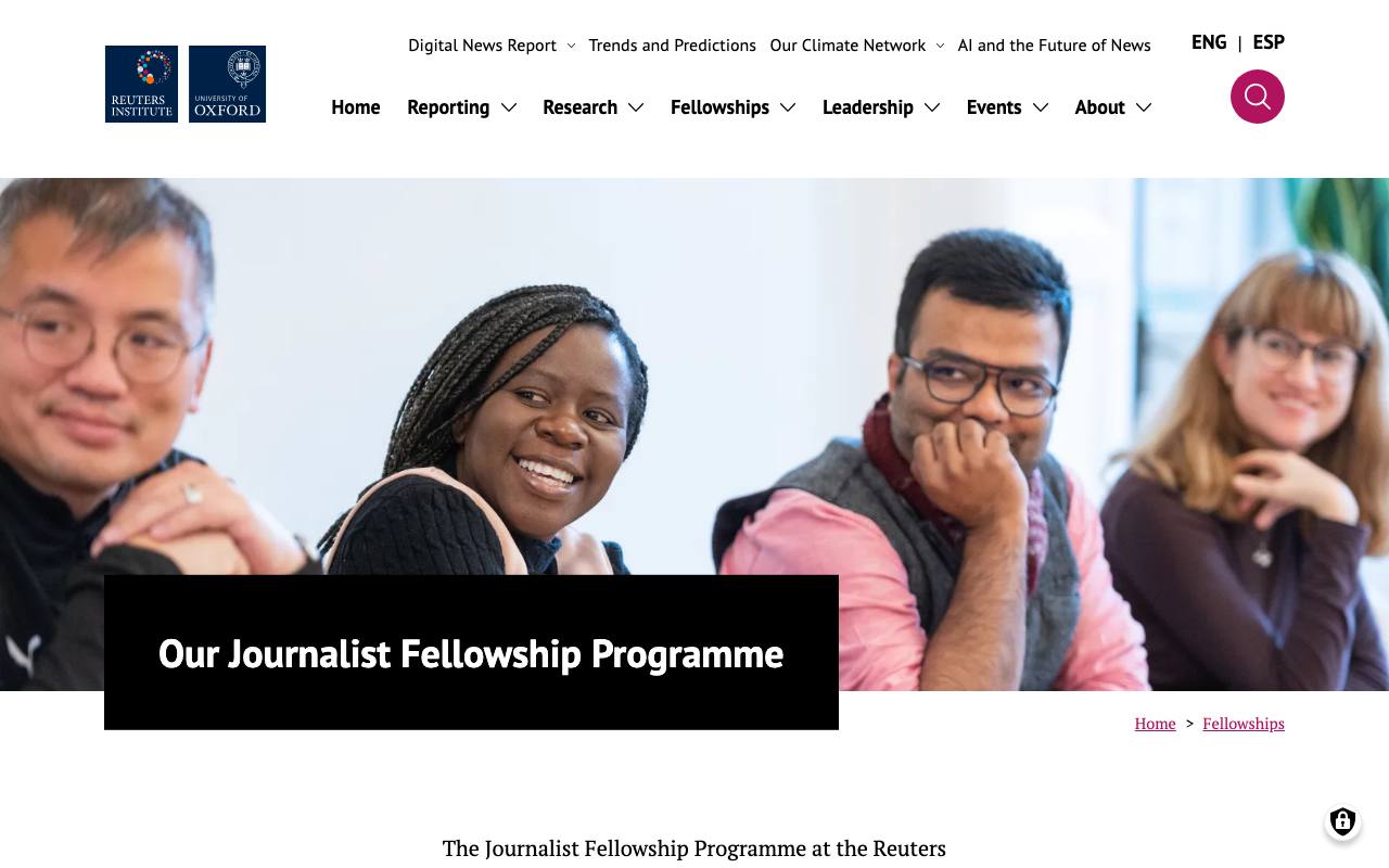 Captura de la página oficial de Reuters Institute Journalist Fellowship · ciclo 2027-2028 en reutersinstitute.politics.ox.ac.uk