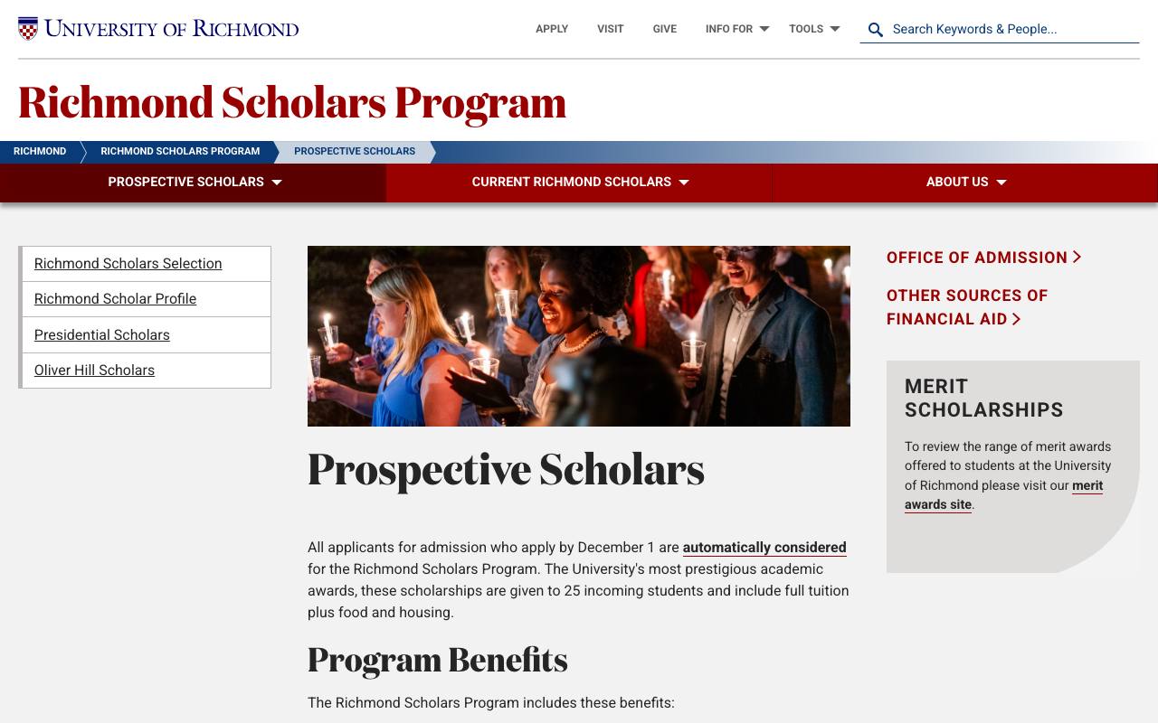 Captura de la página oficial de Programa Richmond Scholars 2027 (pregrado) en scholars.richmond.edu