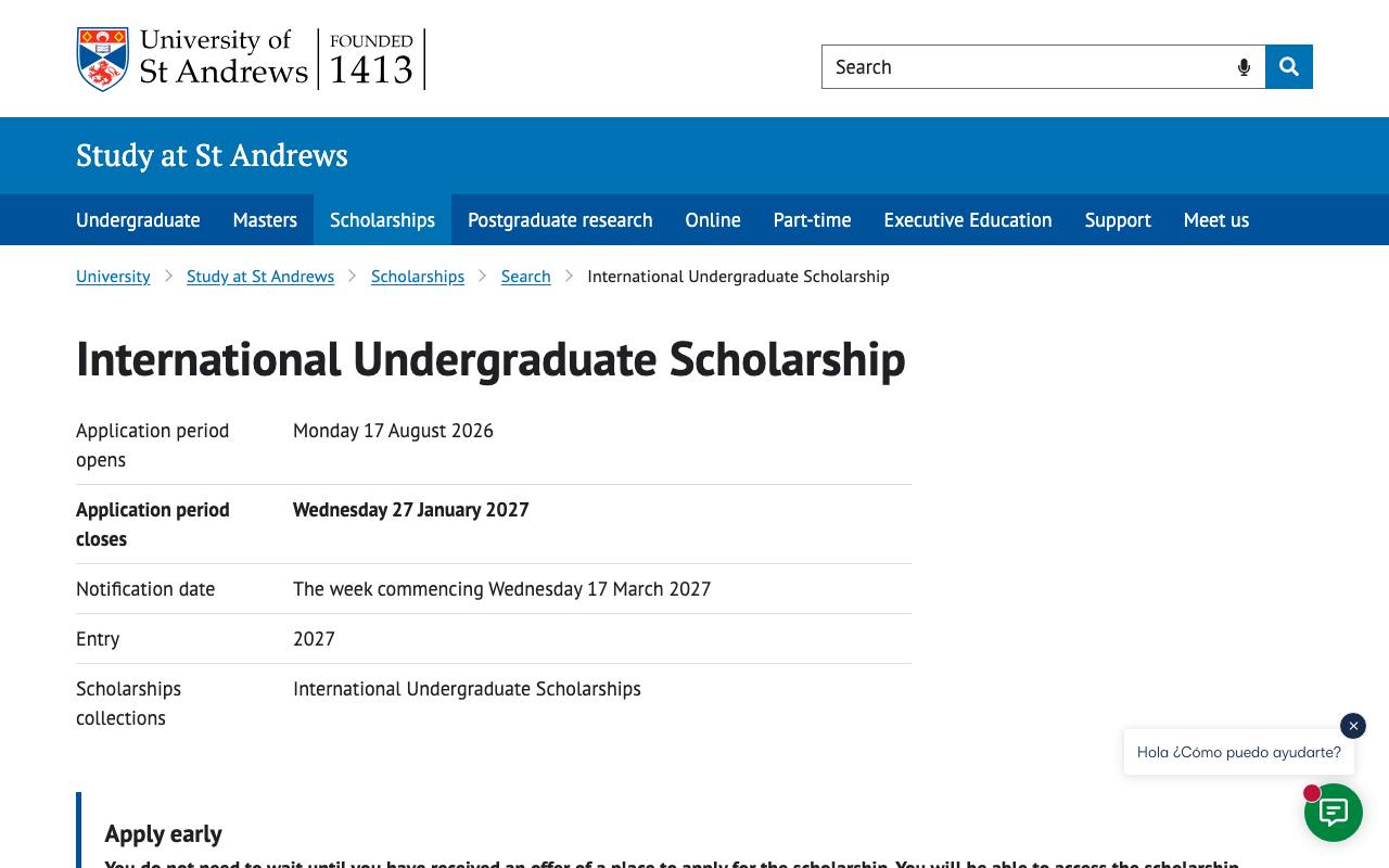 Captura de la página oficial de Beca internacional de pregrado · University of St Andrews 2027 en st-andrews.ac.uk