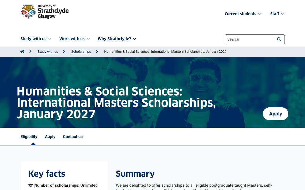 Captura de la página oficial de Beca de maestría en Humanidades y Ciencias Sociales · Strathclyde (enero 2027) en strath.ac.uk