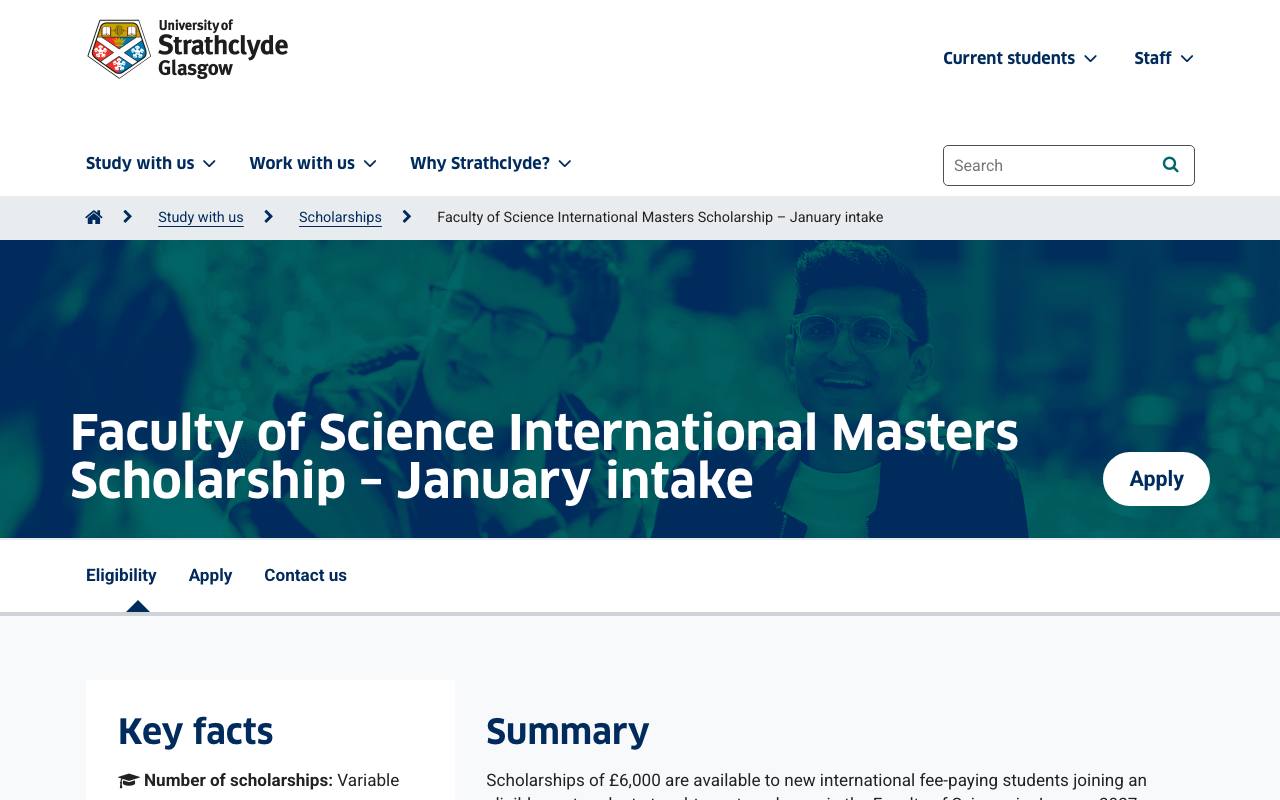 Captura de la página oficial de Beca de maestría de la Facultad de Ciencias · Strathclyde (enero 2027) en strath.ac.uk