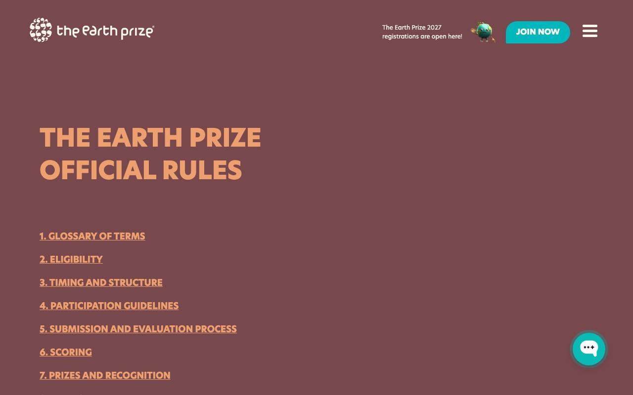 Captura de la página oficial de The Earth Prize 2027 en theearthprize.org