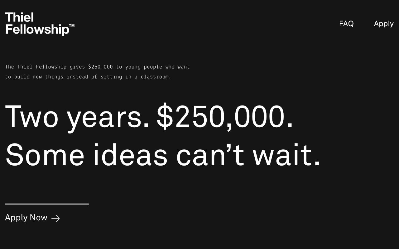 Página oficial de Thiel Fellowship · postulación continua