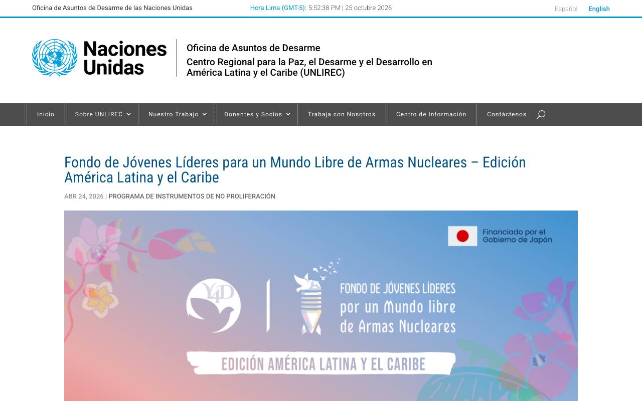 Captura de la página oficial de Fondo de Jóvenes Líderes por un Mundo Libre de Armas Nucleares (América Latina y el Caribe) · próxima edición en unlirec.org