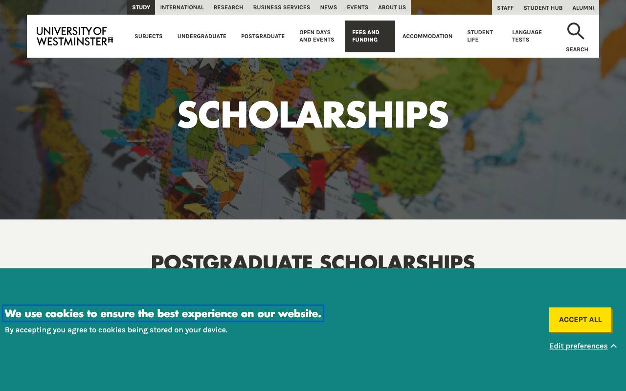 Captura de la página oficial de Beca International Postgraduate Excellence · University of Westminster (enero 2027) en westminster.ac.uk