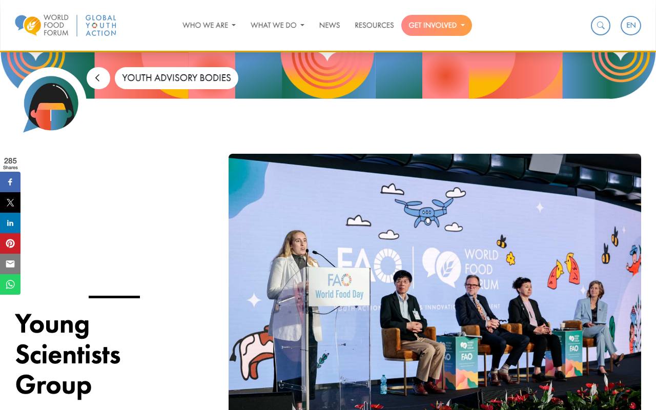 Captura de la página oficial de World Food Forum · Young Scientists Group 2027-2029 en world-food-forum.org
