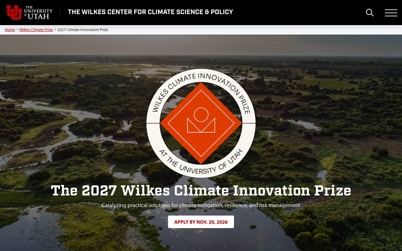 Captura de la página oficial de Premio Wilkes de Innovación Climática 2027 en wilkescenter.utah.edu