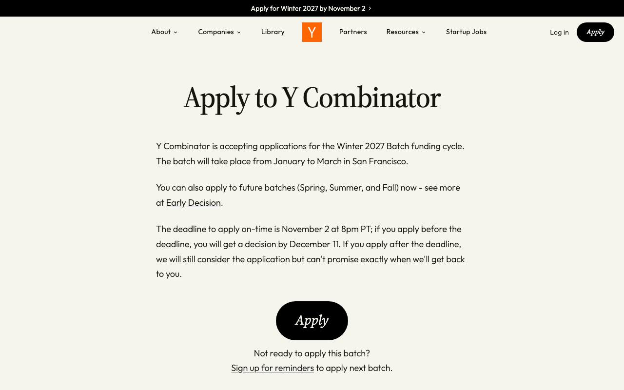 Captura de la página oficial de Y Combinator · lote Winter 2027 en ycombinator.com