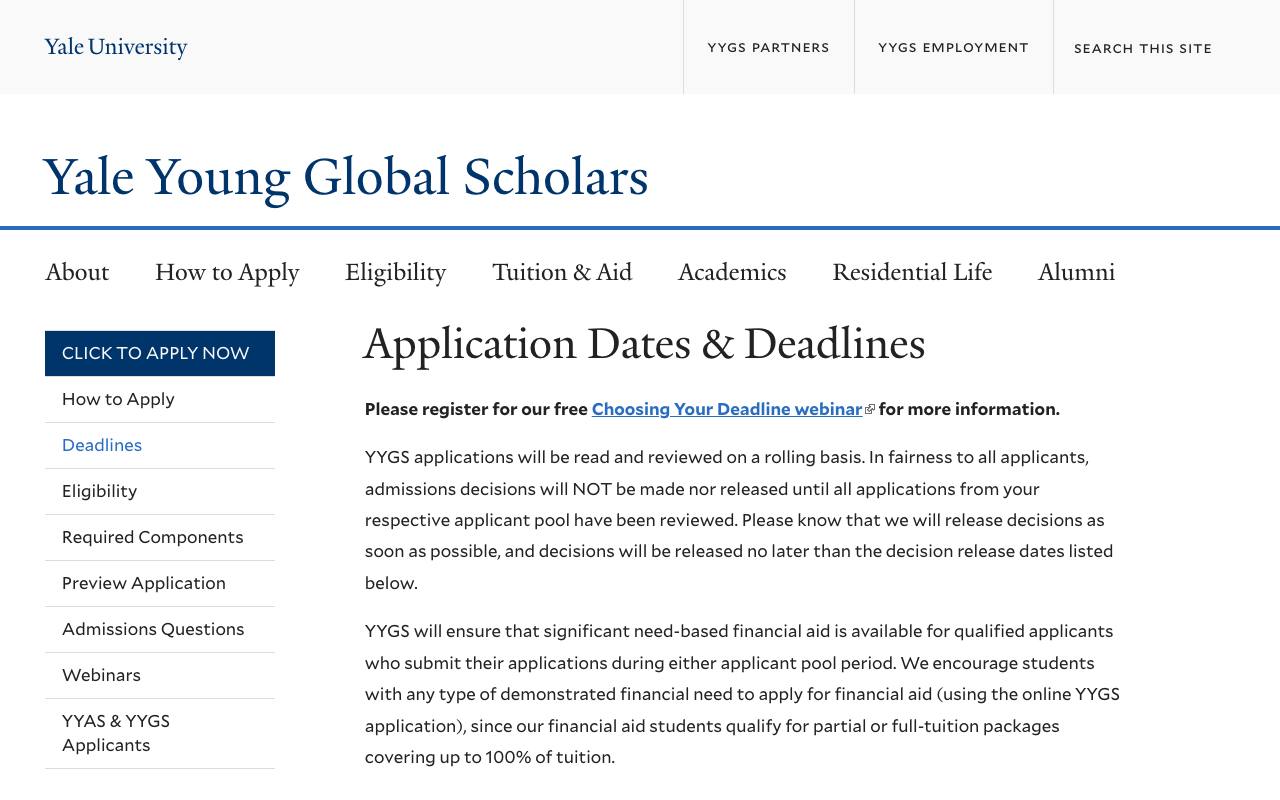 Captura de la página oficial de Yale Young Global Scholars · verano 2027 en globalscholars.yale.edu